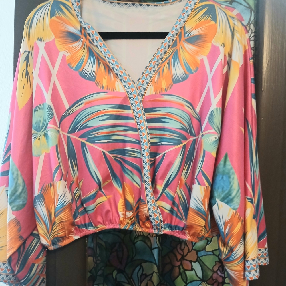 Vibrant Tropical Pink Floral V-Neck Blouse